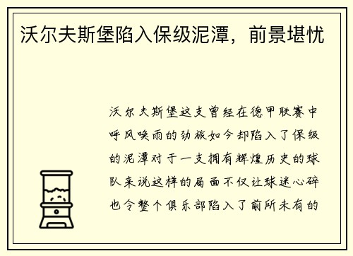 沃尔夫斯堡陷入保级泥潭，前景堪忧