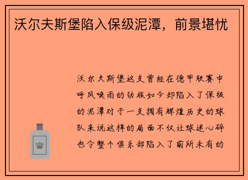 沃尔夫斯堡陷入保级泥潭，前景堪忧